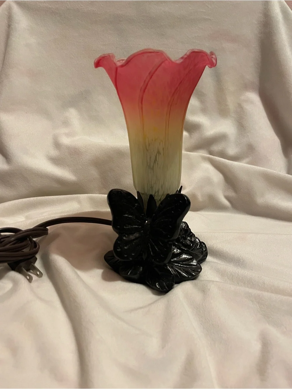 Art Glass Pink Ombre Tulip Table Lamp with Black Butterfly Base